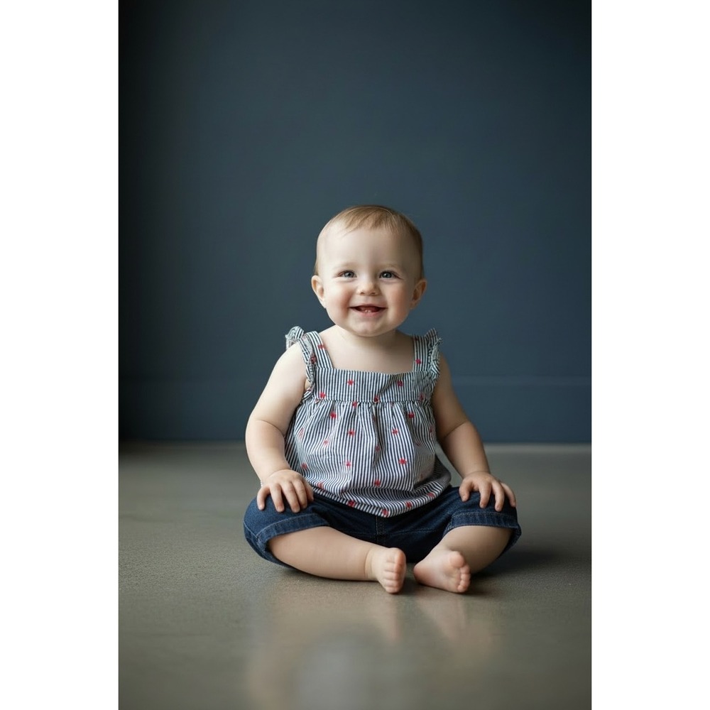 Baby Girls Navy White Striped Red Star Ruffle Strap Sleeveless Top Patriotic